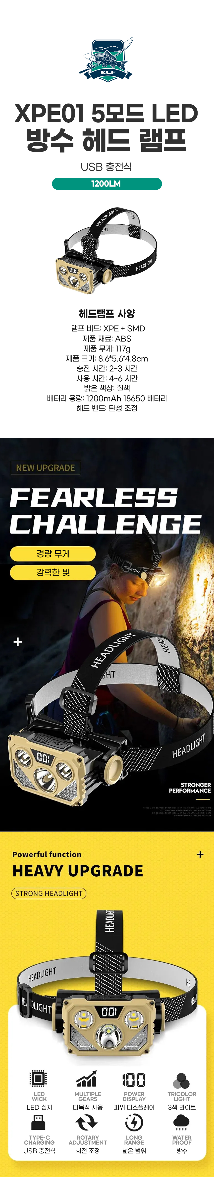  KLF XPE01 5모드 LED 방수 헤드 램프(USB 충전식&1200LM)